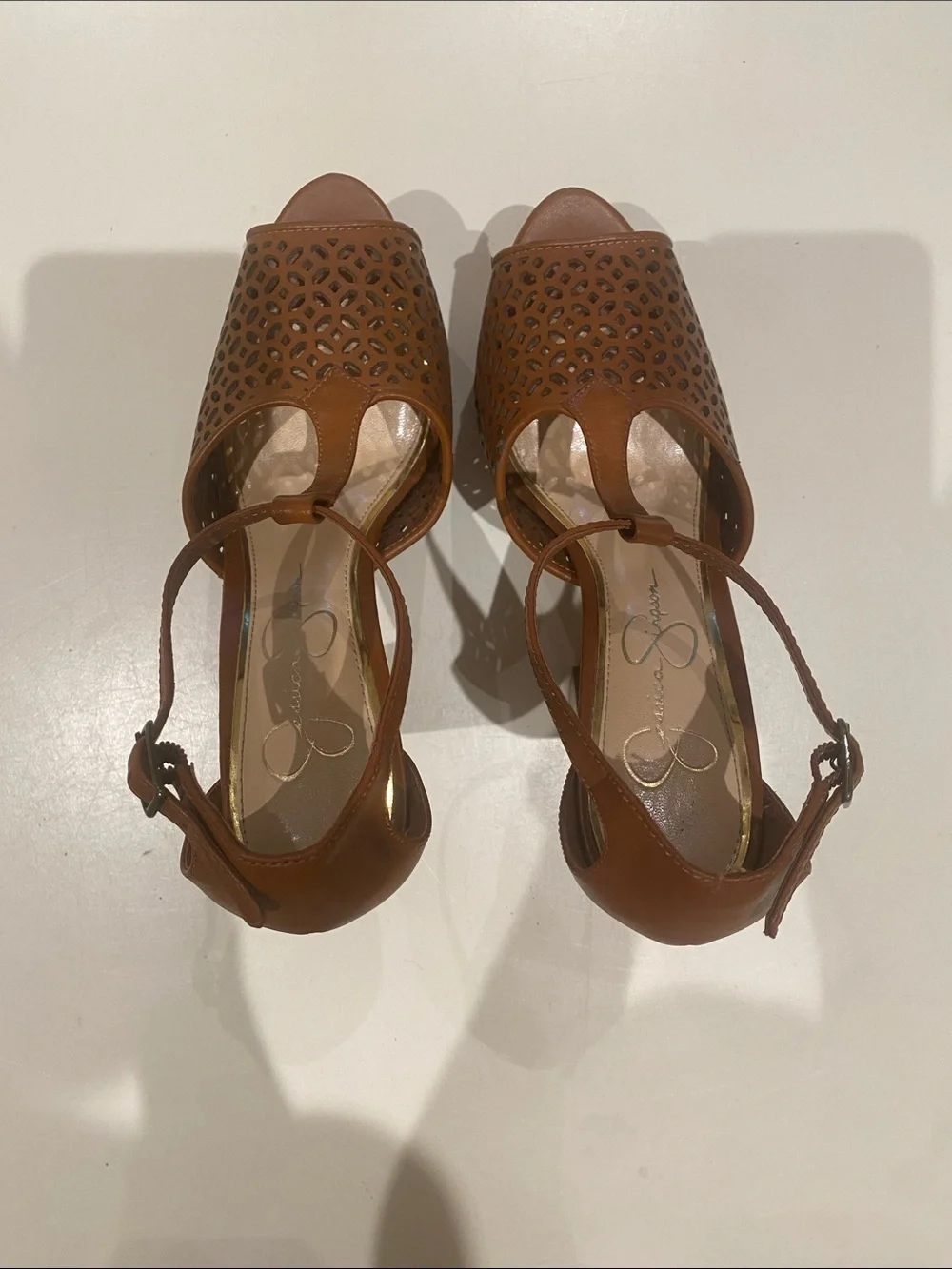 Jessica Simpson Tan Laser-Cut T-Strap Platform Sandals